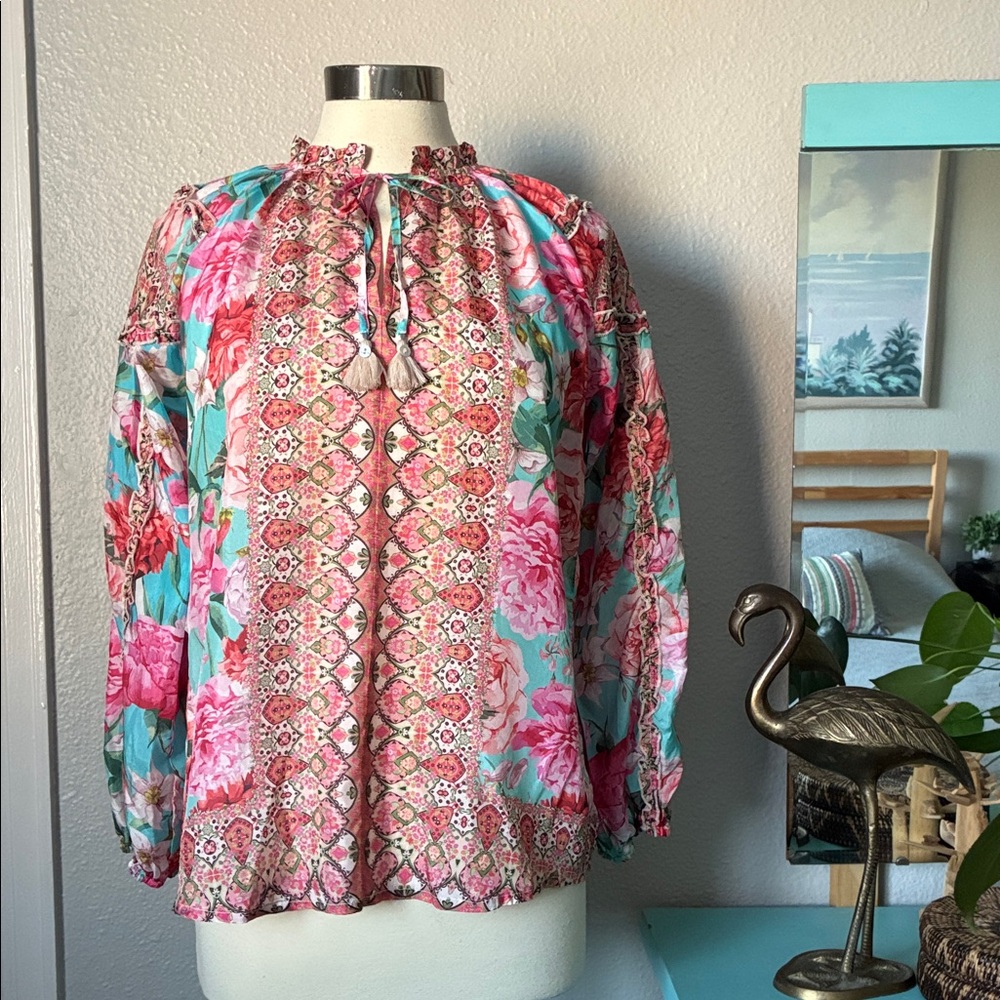 NEW Johnny Was Lightweight Pink & Turquoise Floral Silk Peasant Blouse Size XS